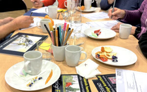 Personer sitter runt ett bord med kaffekoppar och anteckningsmaterial och fyller i en enkät. Färgpennor och post-it-lappar ligger i mitten av bordet.