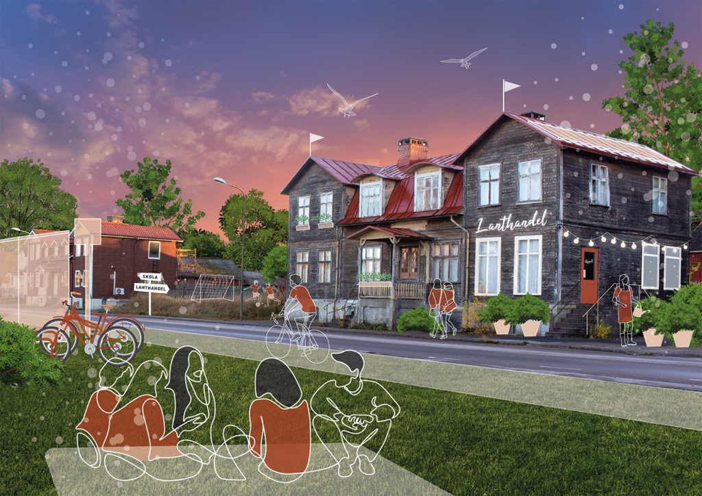 Illustration av ett äldre trähus omvandlat till lanthandel i en småortsmiljö, med människor som cyklar, promenerar och vistas utomhus runt byggnaden