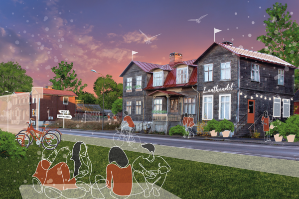 Illustration av ett äldre trähus omvandlat till lanthandel i en småortsmiljö, med människor som cyklar, promenerar och vistas utomhus runt byggnaden